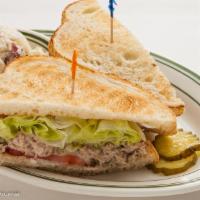 Tuna Salad Sandwich · With lettuce, tomato and black olives on sourdough. Served with your choice of side. Gluten ...