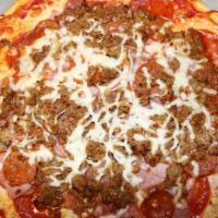 All Meat Combo Pizza · Pepperoni, salami, Italian sausage, ham, Canadian bacon and linguica.