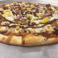 Pulled Pork Pizza · BBQ sauce, pulled pork, onion and black olives.