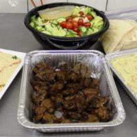 Beef Kebob Platter · Served with pita bread, house salad, choice of rice, fries and choice of hummus, tahini sauc...