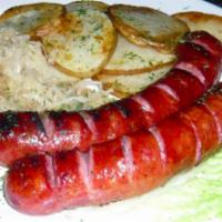 Kielbasa Sandwich · Red smoked sausage , kraut stew , caramelized onions, cheese , pickles , brown mustard