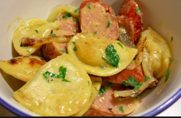 Chef's Pierogi · Sauté potato & cheese pierogi smothered with red smoked sausage, mushrooms & caramelized onions