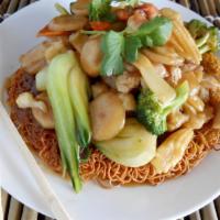Hong Kong Crispy Noodles · With beef, prawn, chicken, vegetable stir fry on top of crispy pan fried noodle.