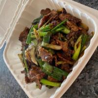 Ginger Scallion Beef · Fresh scallions and thin sliced ginger beef stir fry