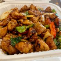 Spicy Thai Basil Chicken · Stir fry with fresh chopped Thai chili, basil, bell pepper, and onions