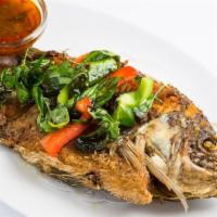 TS1. Whole Tilapia Fish Specialty · Deep fried tilapia with crispy basil and choice of sauce. Gluten free and spicy.