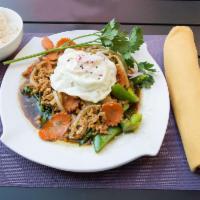Basil Kai Dao · Ground chicken, mushrooms, bell peppers, white onion, carrots and fried egg.