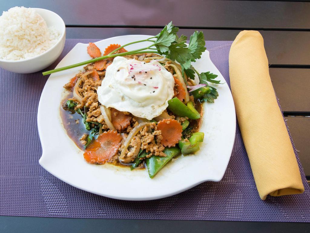 Basil Kai Dao · Ground chicken, mushrooms, bell peppers, white onion, carrots and fried egg.