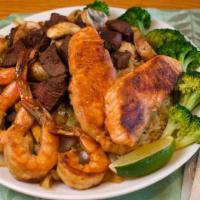 Filet Mignon, Salmon and Jumbo Shrimp Hibachi · Onion, zucchini, broccoli, cabbage and mushroom.