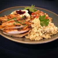 Grilled Chicken Platter · Our deliciously seasoned grilled chicken with Israeli salad, brown rice and your choice of a...
