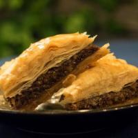 Baklava · Greek phyllo pastry with chopped nuts, baked drizzled in honey