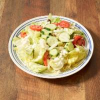 Greek Salad · Lettuce, tomatoes, red onions, pepperoncini, cucumber, Kalamata olives, feta and Italian dre...