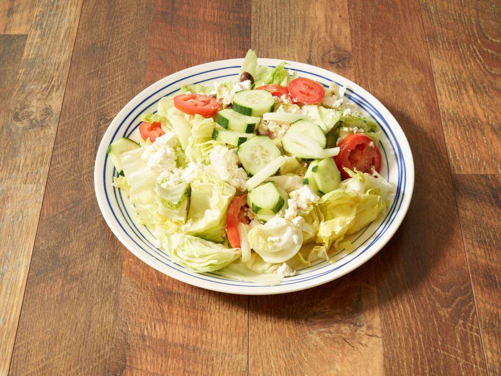 Greek Salad · Lettuce, tomatoes, red onions, pepperoncini, cucumber, Kalamata olives, feta and Italian dressing.