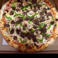 Philly Cheese Steak Pizza · Philly steak, onion, green peppers and mushrooms.