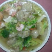Assorted Wonton Soup · serving with chicken wonton, shrimp,chicken ,vegetables with home made chicken broth.
