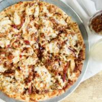 Chicken BBQ Pizza · Fire-braised chicken, BBQ sauce, bacon and red onion.