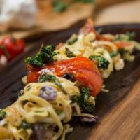 Mediterranean Pasta · A simple pasta dish with broccolini, garlic, roasted tomatoes, kalamata olives and feta chee...