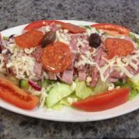 Antipasto Salad · Tossed salad with mozzarella cheese, ham, salami, and pepperoni. Served with pita bread.
