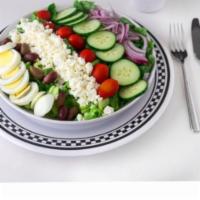 Greek Salad · Romaine lettuce, tomato, red onion, egg, feta cheese, Kalamata olive, cucumber and balsamic ...