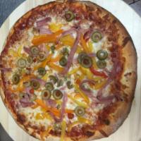 10. Argentina Pizza · Tomato sauce, mozzarella cheese, ham, green olives and red peppers.