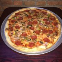 Carmine's Special Pizza · Topped with pepperoni, sausage, mushrooms, red onions, and green peppers.