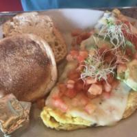 California Omelet · Bacon, avocado, sprouts and pepper Jack. 3 eggs topped with diced tomatoes. Served with a si...