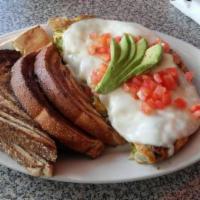 Garden Omelet · Bell pepper, mushroom, spinach, onion, avocado and provolone cheese. 3 eggs topped with dice...
