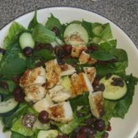 Cranberry Chicken Salad · Romaine, spinach, raisins, craisins, grapes, cucumbers, pecans and chicken.