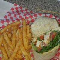 Spicy Chicken Wrap · Chicken inside a flour tortilla with lettuce, tomato, red onion, pepper Jack, ranch and buff...
