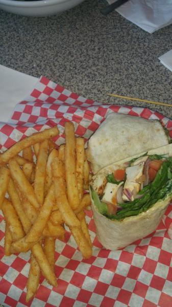 Spicy Chicken Wrap · Chicken inside a flour tortilla with lettuce, tomato, red onion, pepper Jack, ranch and buffalo sauce.