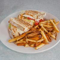 Fiesta Chicken Panini · Chicken breast, roasted red peppers, avocado, pepper Jack cheese and chipotle ranch.