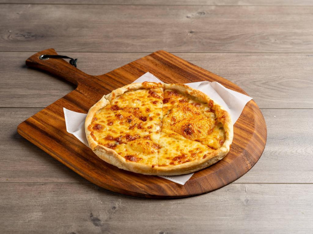 White Pizza · Our fresh dough basted with a touch of oil and sprinkled lightly with garlic, topped with a special blend of mozzarella, provolone and cheddar cheeses along with fresh oregano. 