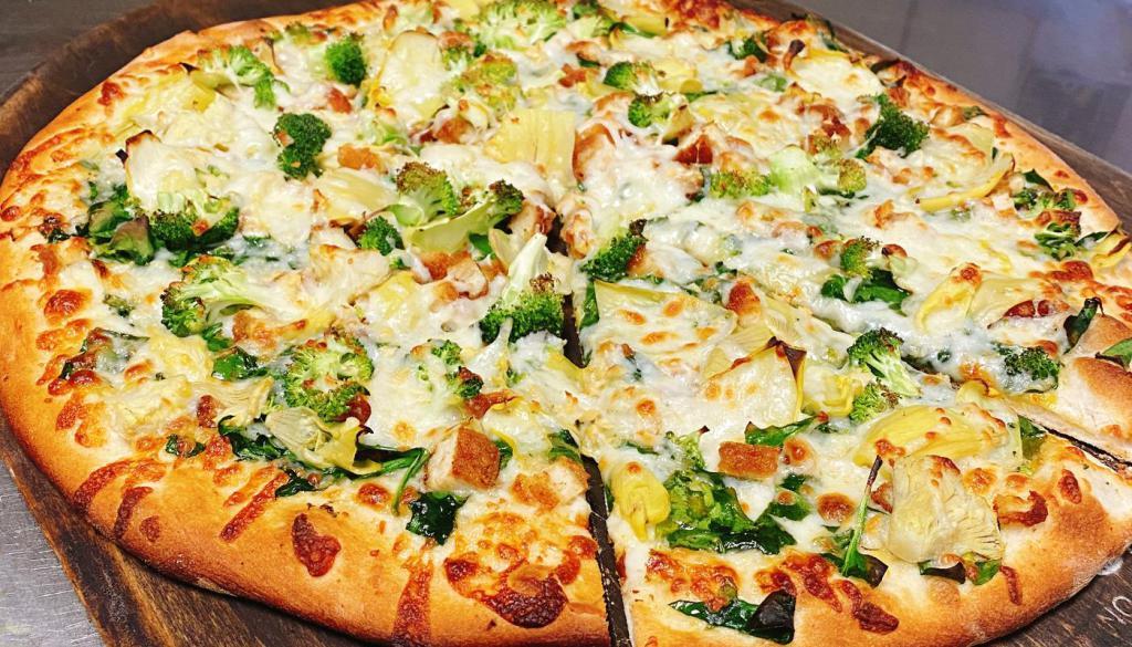Artichoke and Chicken Pizza · Olive oil, grilled chicken, fresh spinach, artichoke, fresh broccoli and light sprinkled garlic.