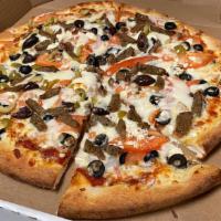 Greek Pizza · Gyro meat, feta cheese, olives, pepperoni, tomatoes and onions.