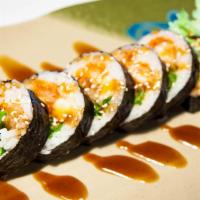 Shrimp Tempura Roll · Shrimp tempura, cucumber, avocado, tobiko, lettuce, unagi sauce and sesame with seaweed wrap...