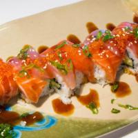 Kara Roll · Inside: soft shell crab and cucumber. Outside: salmon, red tuna, unagi and tobiko sauce.