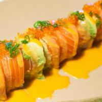 Hot Date Roll · Inside: spicy tuna and cucumber. Outside: sake, avocado, spicy mayo, tobiko and onion.