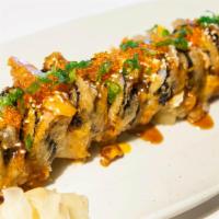 Sansakana Roll · Inside: tuna, salmon, yellowtail and avocado. Outside: Deep fried with spicy house sauce wit...