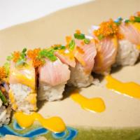 Hungry Fish Roll · Inside: spicy tuna and cucumber. Outside: hamachi, tobiko, onion and spicy mayo.