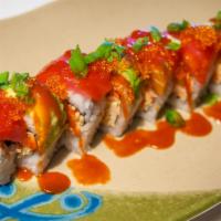 Bad Joe Roll · Inside: cucumber and shrimp tempura. Outside: tuna, avocado, tobiko, chili sauce and onion o...