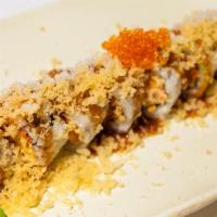 Crunchy Roll · Inside: shrimp tempura, avocado and cucumber. Outside: Crunchy tempura, tobiko, tempura flak...
