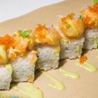 Scallop Roll · Inside: cucumber, shrimp and crab. Outside: tempura scallop, wasabi sauce and tobiko.