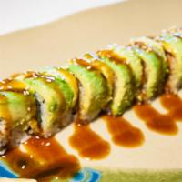 Caterpillar Roll · Inside: BBQ eel and cucumber. Outside: avocado, unagi sauce and sesame seed.