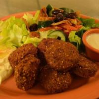 Falafel Plate · 6 fried veggie patties, served with hummus and a choice of salad. Includes a house salad and...