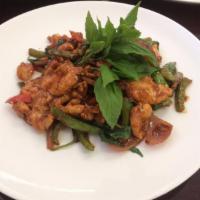 10. Thai Basil Chicken · Chicken stir-fry onion, scallion, carrot, bell pepper and fresh basil. Hot and spicy.