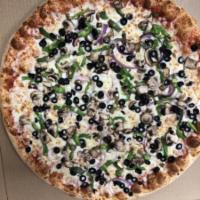 Vegetarian Pizza · Red onions,green peppers,black olives,mushrooms.