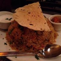 Biryani · Steamed basmati rice dishes cooked with your choice of meat or vegetables and a combination ...