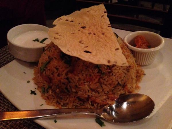 Biryani · Steamed basmati rice dishes cooked with your choice of meat or vegetables and a combination of fragrant spices, served with raita, lemon pickle and fire-roasted pappad. 