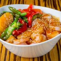 Shrimp Teriyaki Bowl · Shrimp served with Teriyaki sauce, sesame seeds, steamed veggies and white rice, or brown ri...