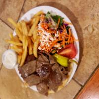 Gyro Platter · Gyro meat, Greek salad, French fries, pita bread and tzatziki sauce.